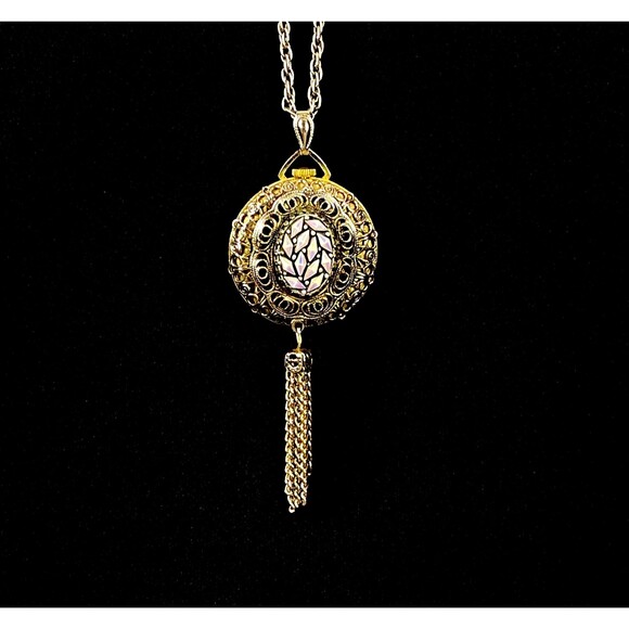 Vintage Mechanical Pendant Watch Necklace Tassel Gold-Tone Filagree Swiss Made - Picture 6 of 10